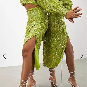 ASOS EDITION drape side sequin midi skirt in lime green